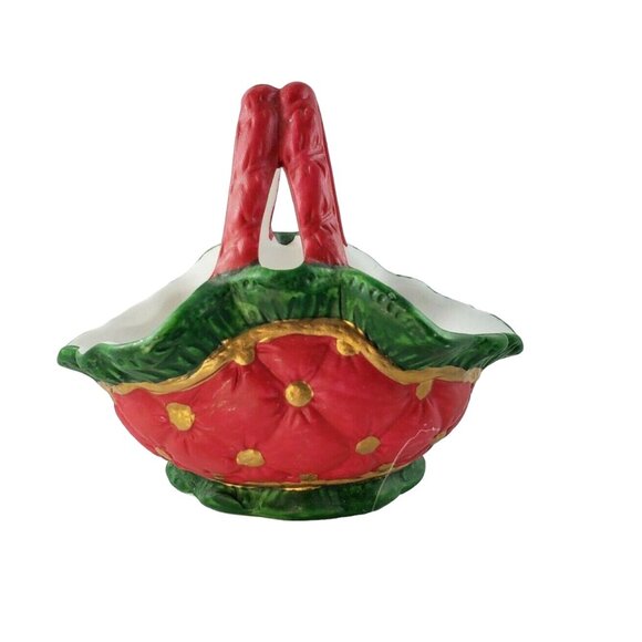 Vintage Porcelain Christmas Basket Red Green Gold - Picture 1 of 6